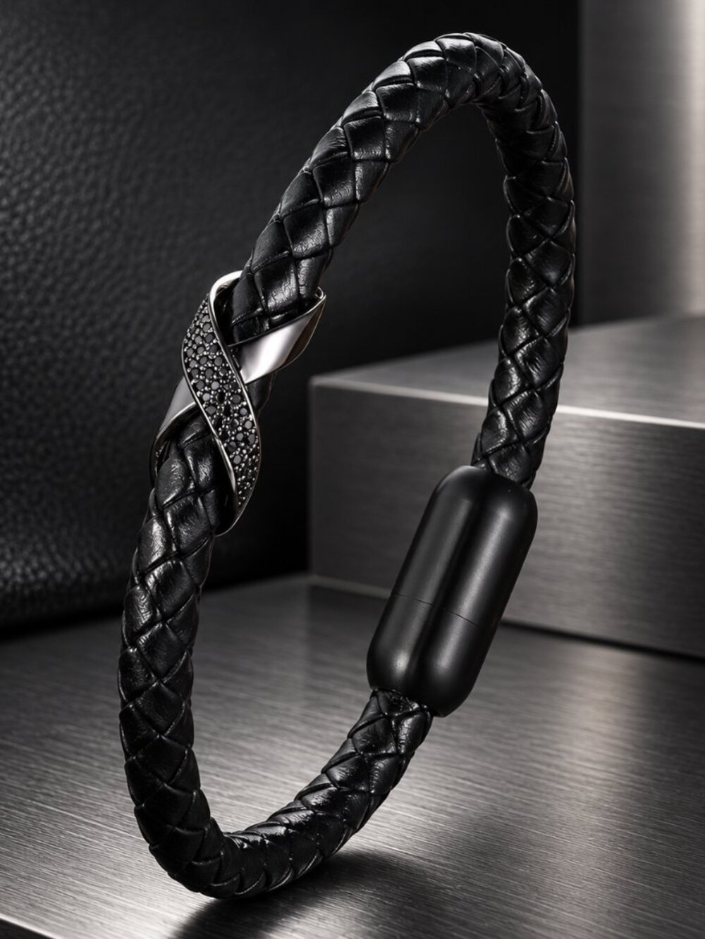 Elegant Black Braided Leather Bracelet with Titanium & Black CZ Pavé Accent